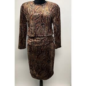 Vintage 1980s Skirt Suit Velvet XS Small Career Wear Brown Cooper Paisley Fall